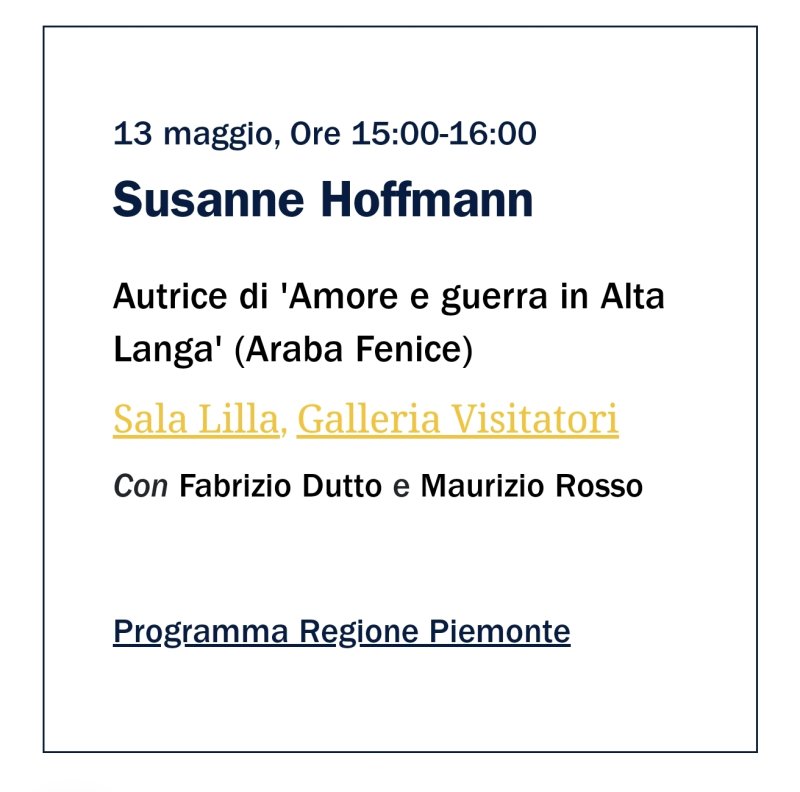 Locandina: Salone del Libro 2024 - Amore e guerra in Alta Langa